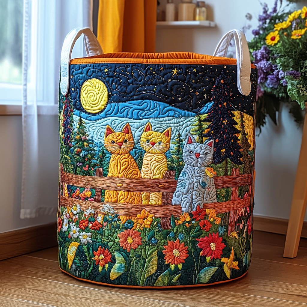 Moonlit Kitties quilted laundry basket – cats on a moonlit fence