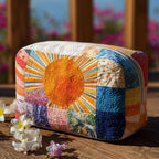 Quilted make-up bag with a round smiling retro sun surrounded by daisies, toadstools and patchwork blocks in orange, mustard and avocado green in the Lazy Sun design