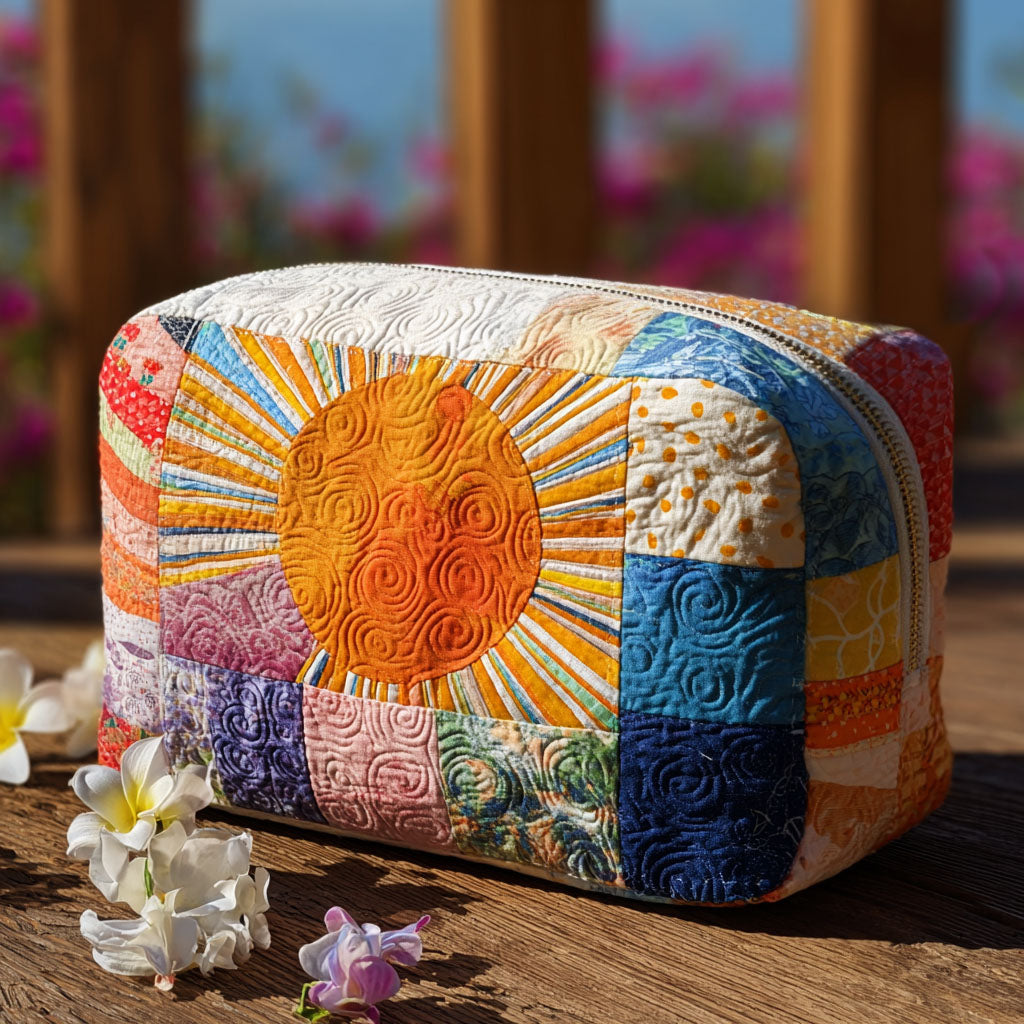 Quilted make-up bag with a round smiling retro sun surrounded by daisies, toadstools and patchwork blocks in orange, mustard and avocado green in the Lazy Sun design