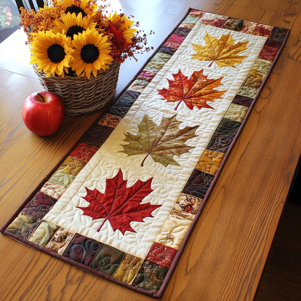 Maple Leaf Patchwork quilted table runner – maple leaves on cream