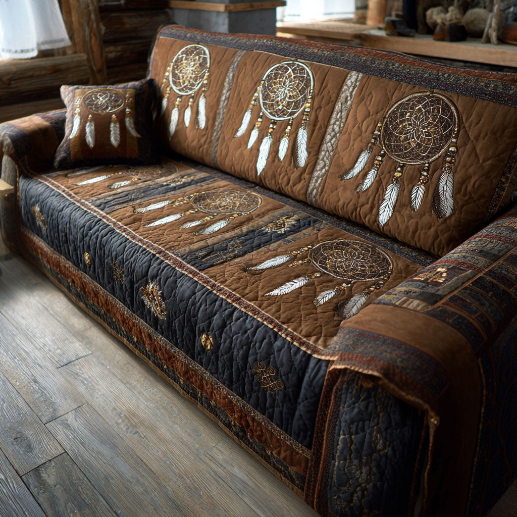 Navy Dreamcatchers quilted sofa cover – dreamcatchers above navy
