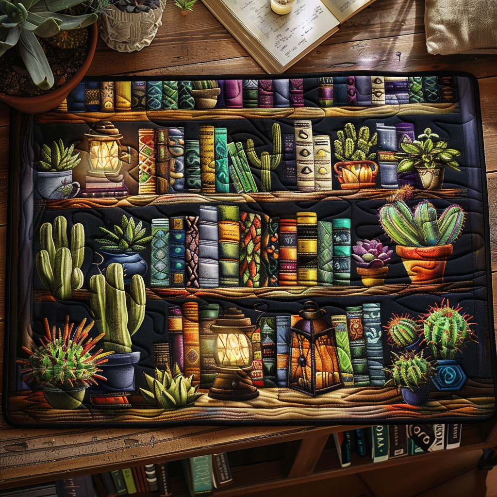 Library Cactus quilted placemats – bookshelves and cacti