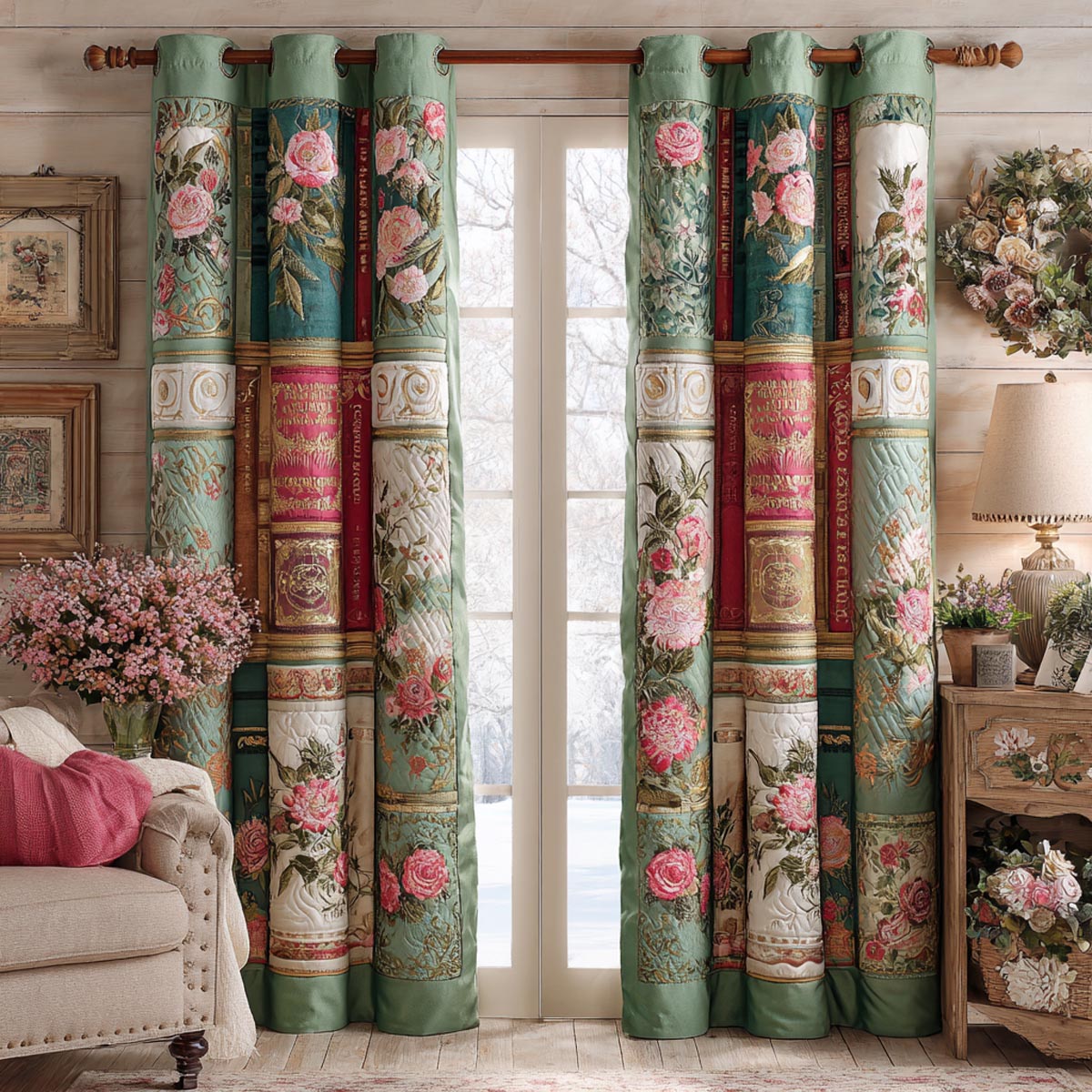 Rose Library quilted curtains – roses over book spines