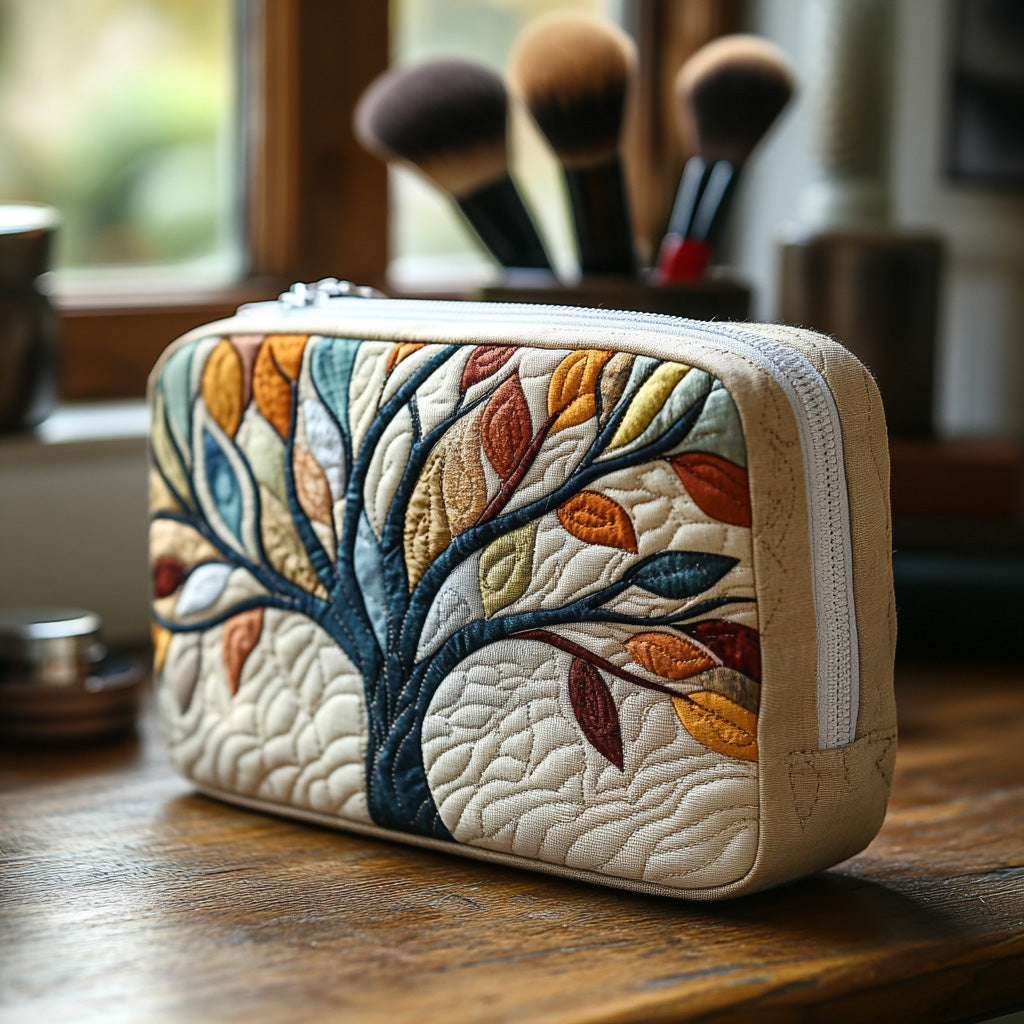 Life Embrace quilted make-up bag with tree of life with autumn-coloured leaves on ivory