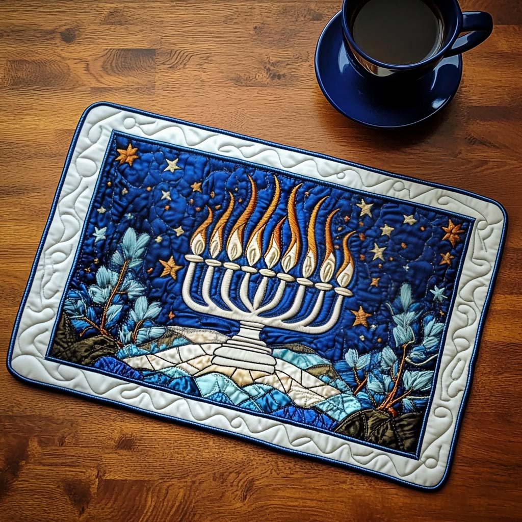 Light of Faith quilted placemats – stained glass menorah