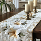 White Lily Elegance quilted table runner – white lilies on ivory
