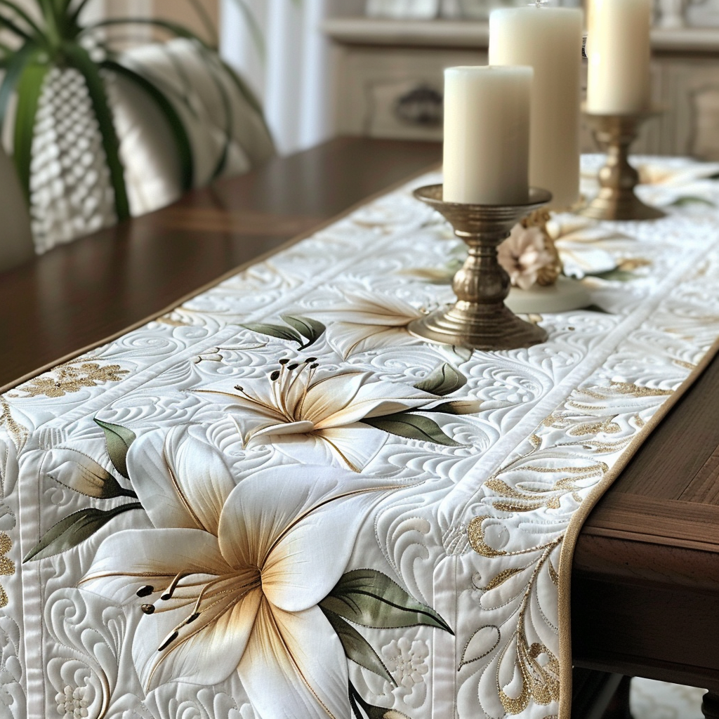 White Lily Elegance quilted table runner – white lilies on ivory