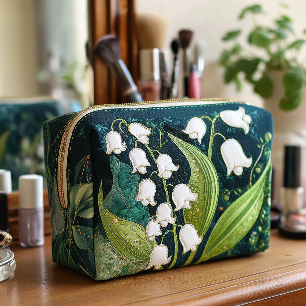 Quilted make-up bag with open lilies in cream and blush, with curling petals and slim green leaves, in the Lily Grace design