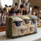 Little Lambs quilted make-up bag with woolly sheep and lambs packed together on sage green
