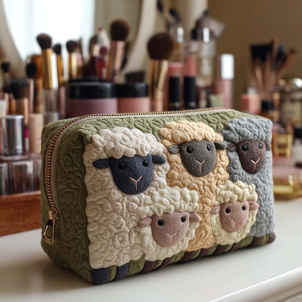 Little Lambs quilted make-up bag with woolly sheep and lambs packed together on sage green