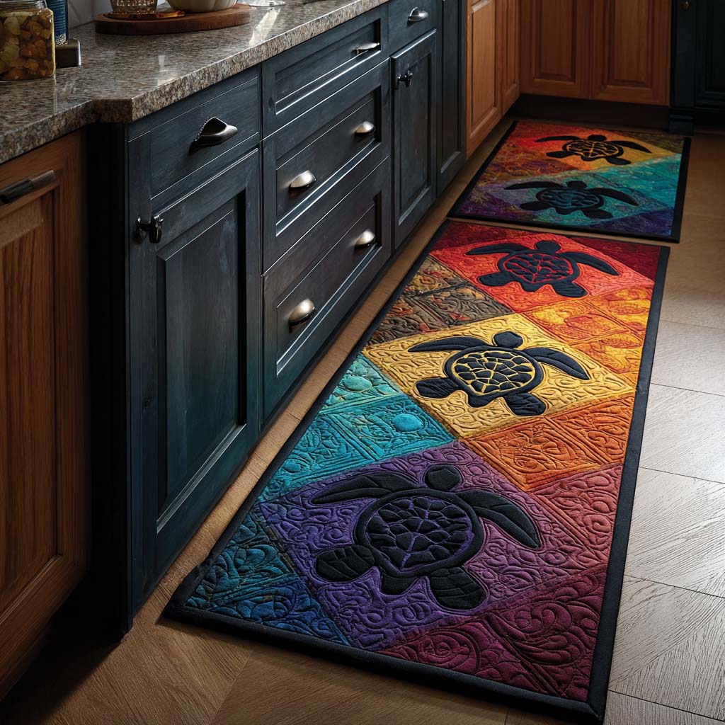 Rainbow Turtle Patchwork kitchen mat set – turtles on rainbow patchwork