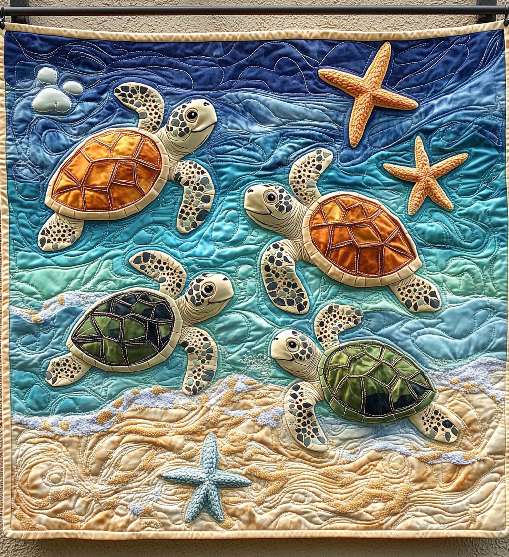 Turtle Shoreline art quilt – turtles on the shoreline