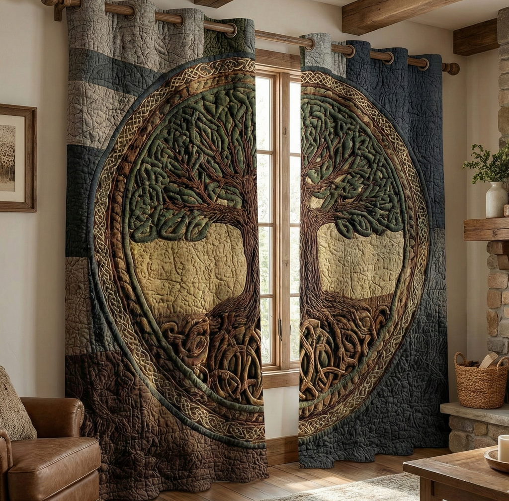Celtic Root Circle quilted curtains – knotted tree in a circle