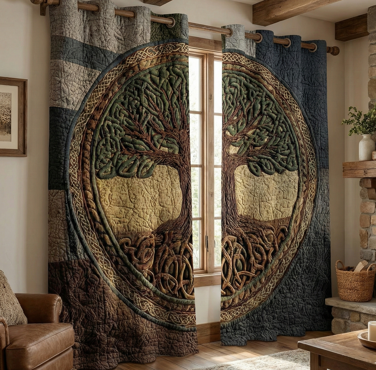 Celtic Root Circle quilted curtains – knotted tree in a circle