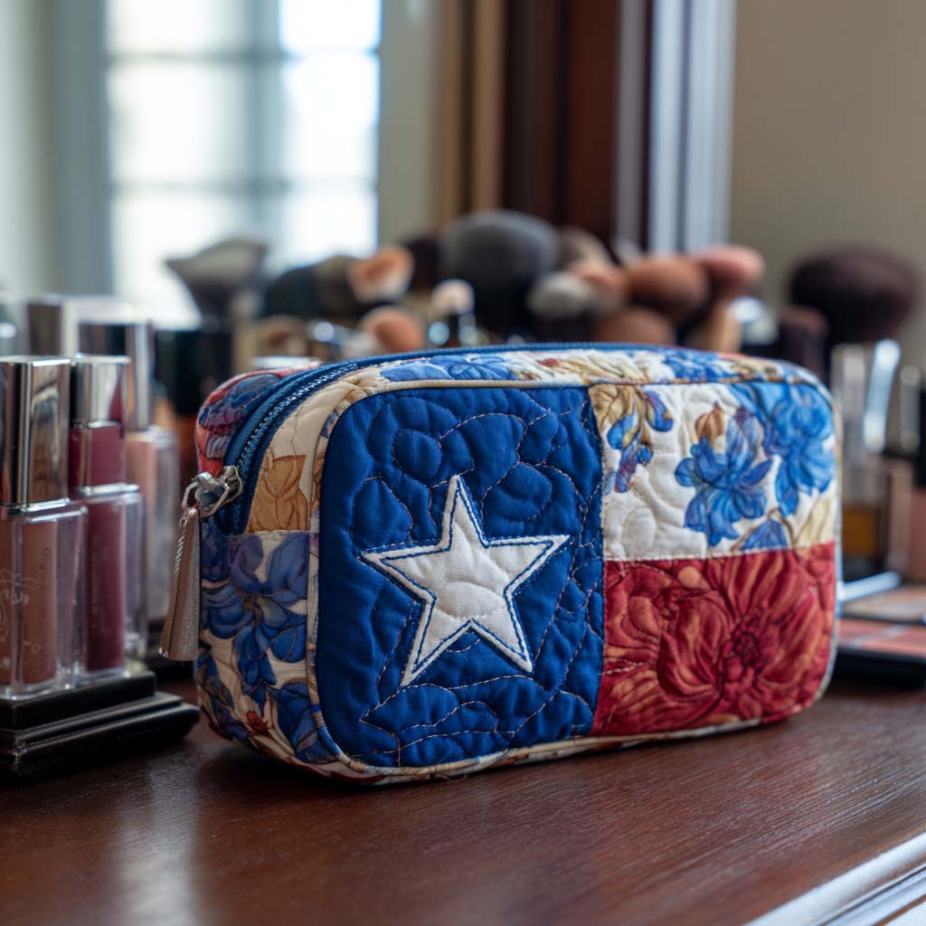 Quilted make-up bag with deep blue wildflowers in loose clusters beneath a single pale star in the Starlit Bloom design