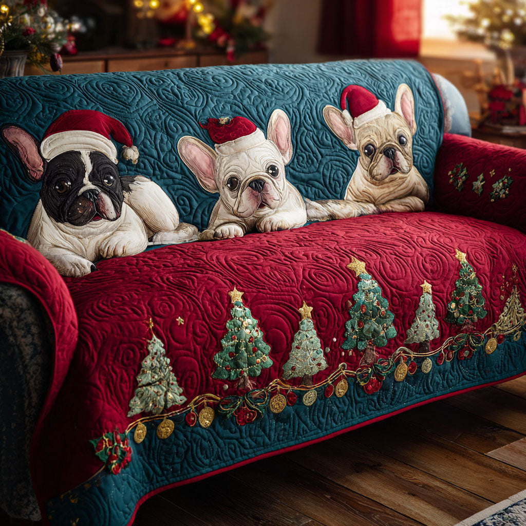 Frenchie Christmas Trees quilted sofa cover – french bulldogs above Christmas trees