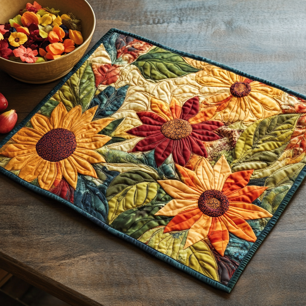 Amber Sunflower Cluster quilted placemats – orange sunflowers