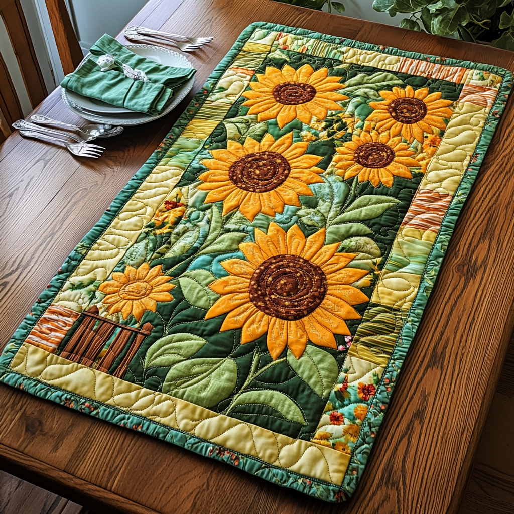 Lovable Sunflowers quilted placemats – sunflowers by a fence
