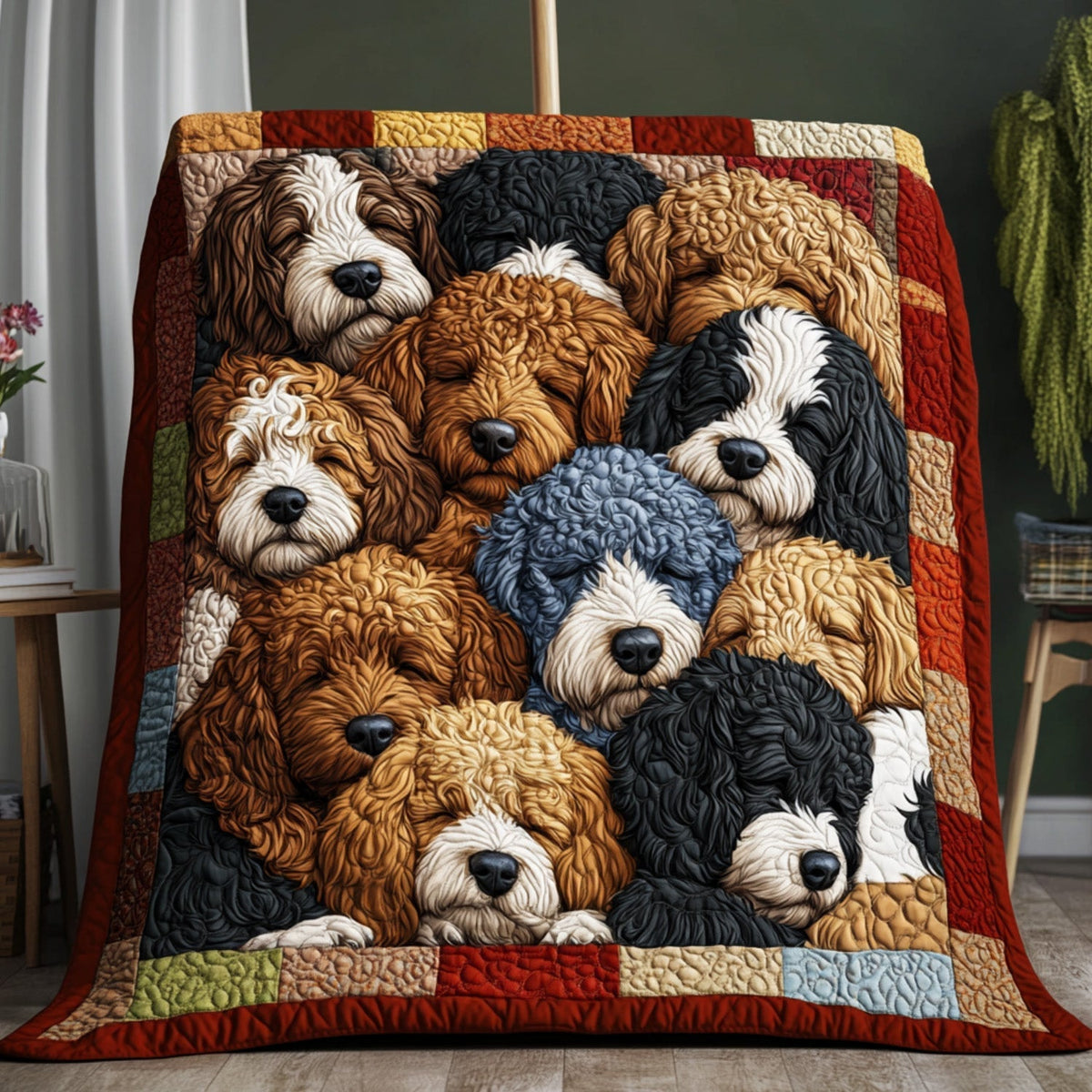 Doodle Puppies quilted throw – fluffy Doodle puppies on warm red
