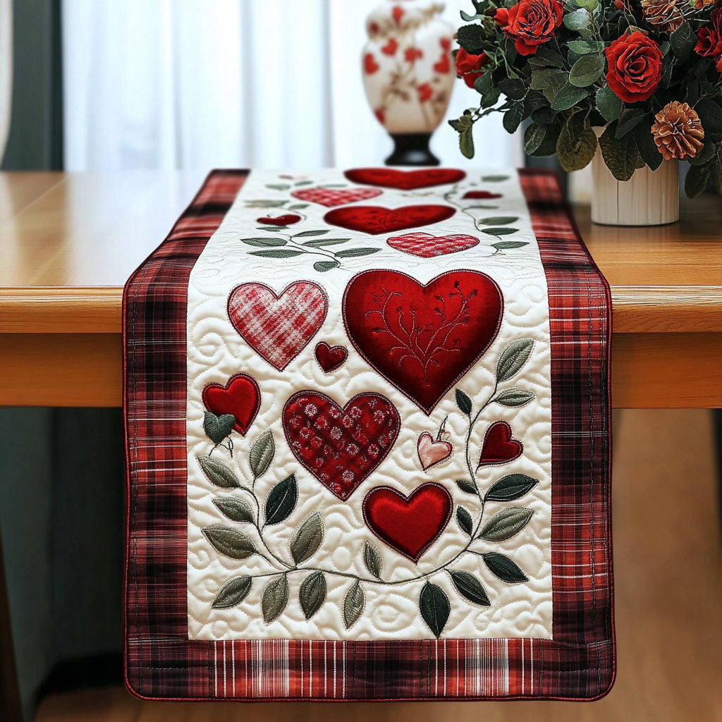 Plaid Heart Garden quilted table runner – plaid hearts on cream