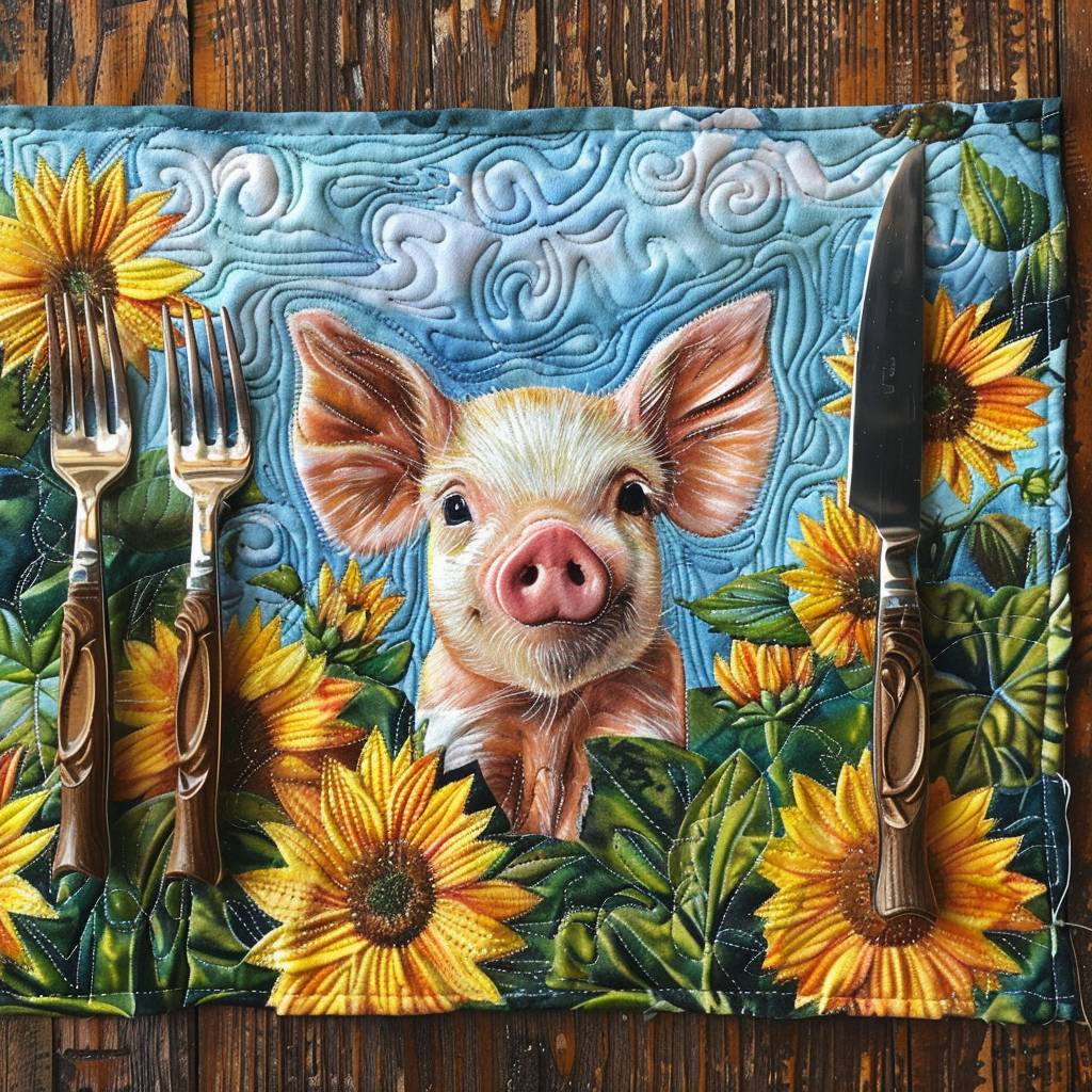 Pig and Sunflowers quilted placemats – piglet in sunflowers