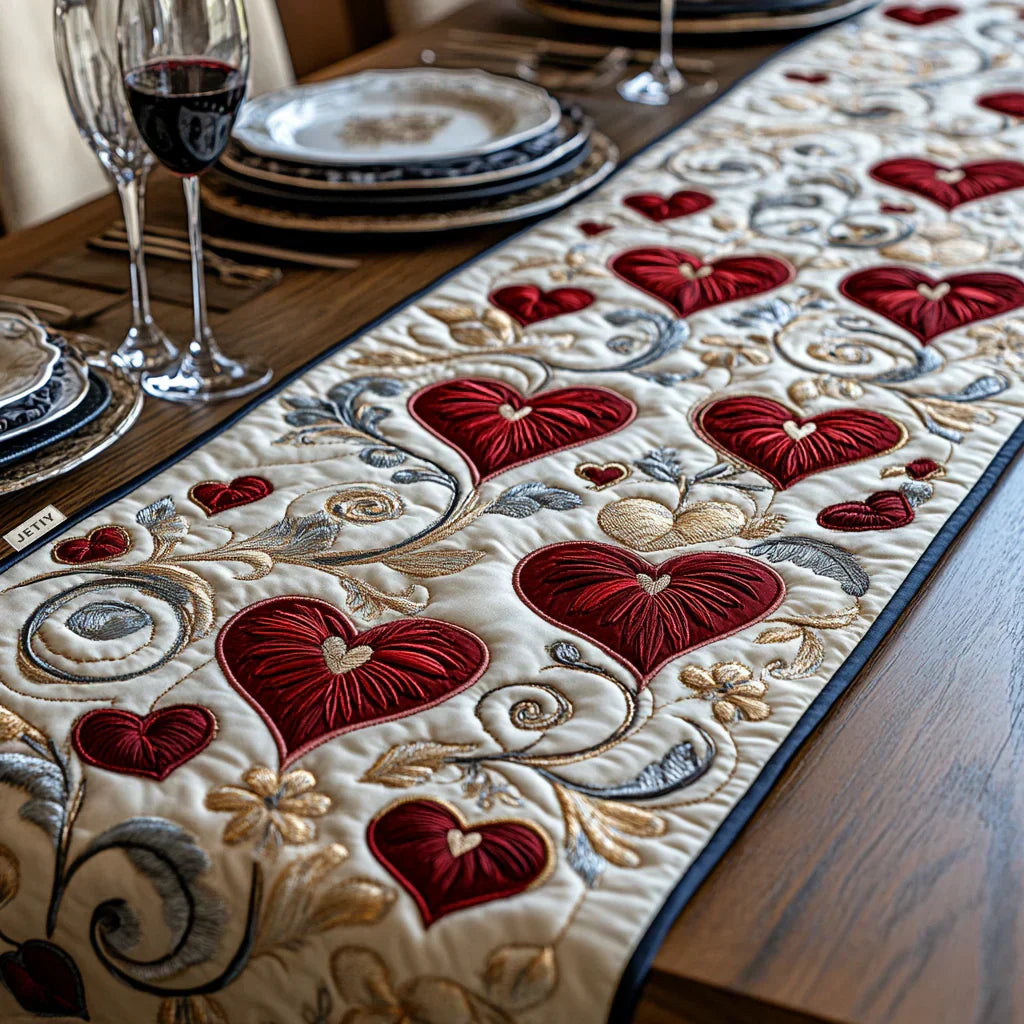Quilted table runner with hearts tumbling in a cascade down its length in soft red and cream