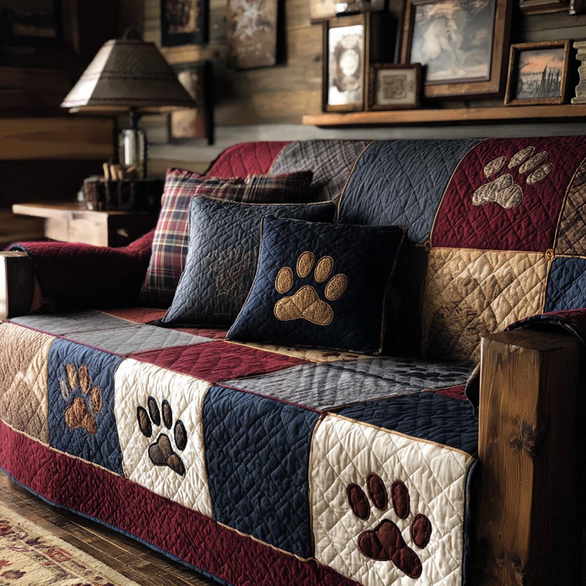 Loving Paws quilted sofa cover with navy, burgundy, denim blue and cream blocks and large brown paw prints