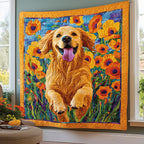 Retriever in the Sunflowers quilted throw – golden Retriever running through sunflowers