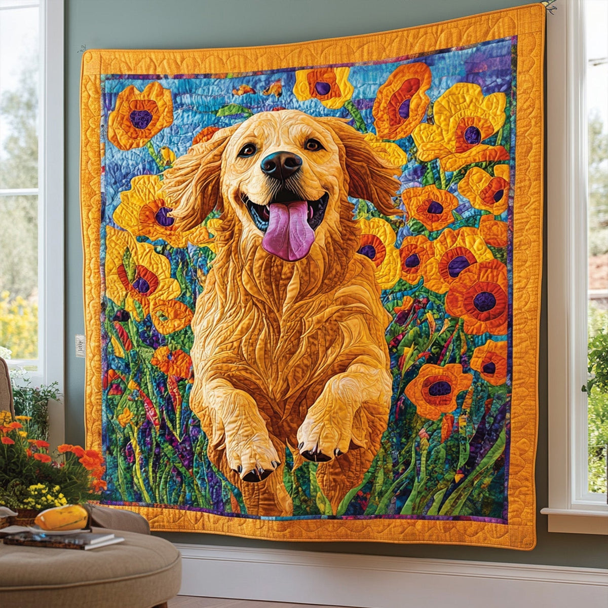Retriever in the Sunflowers quilted throw – golden Retriever running through sunflowers