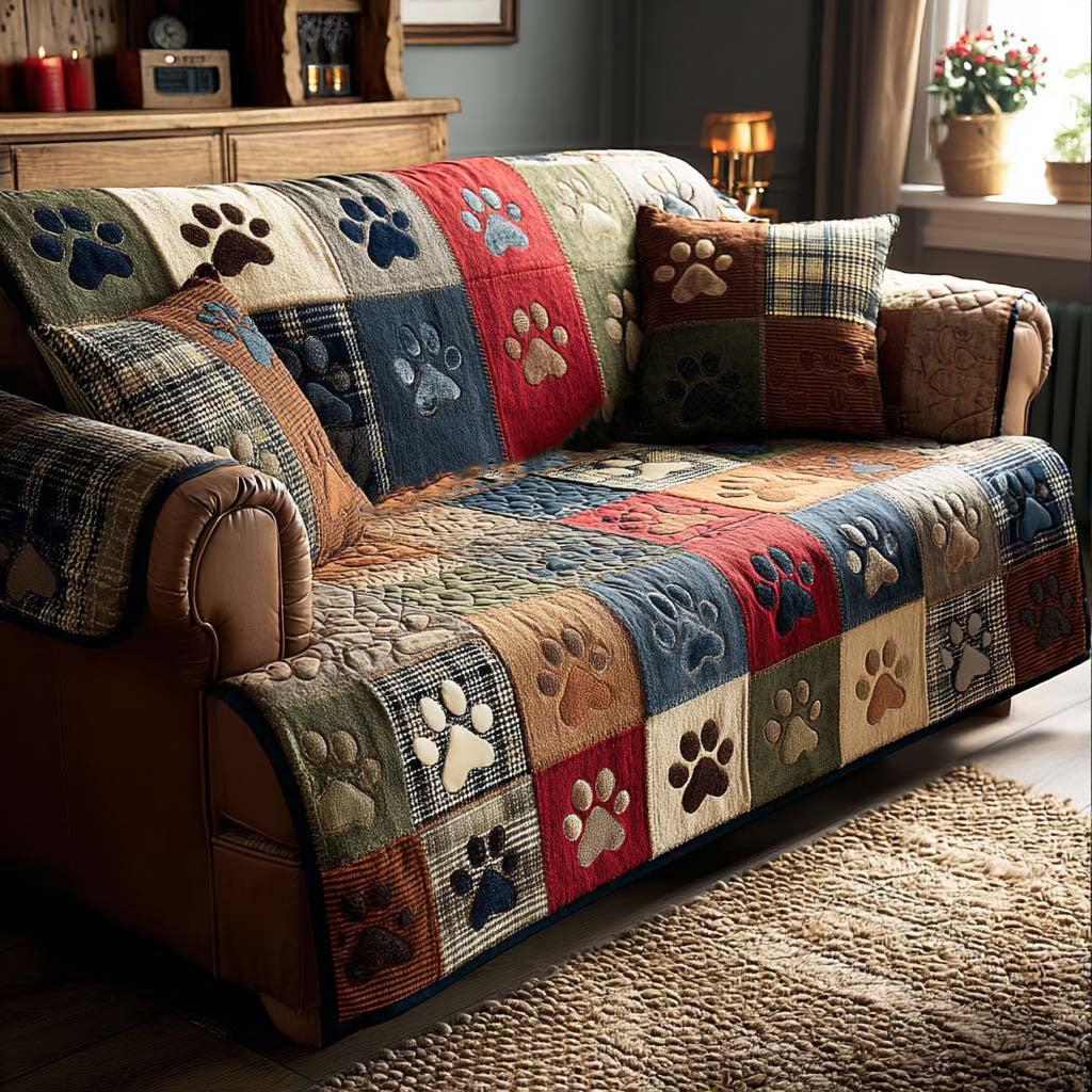 Cheerful Paw Patchwork quilted sofa cover – paw prints in navy and red patchwork