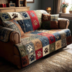 Cheerful Paw Patchwork quilted sofa cover – paw prints in navy and red patchwork