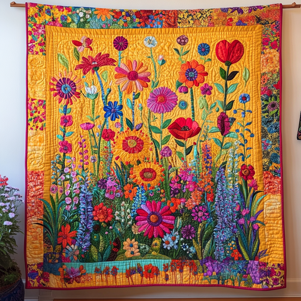 Bright Wildflowers quilted throw – poppies, lupins and daisies on gold