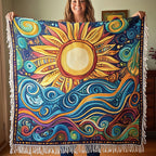 Sun Over the Waves woven sofa throw – golden sun above swirling waves