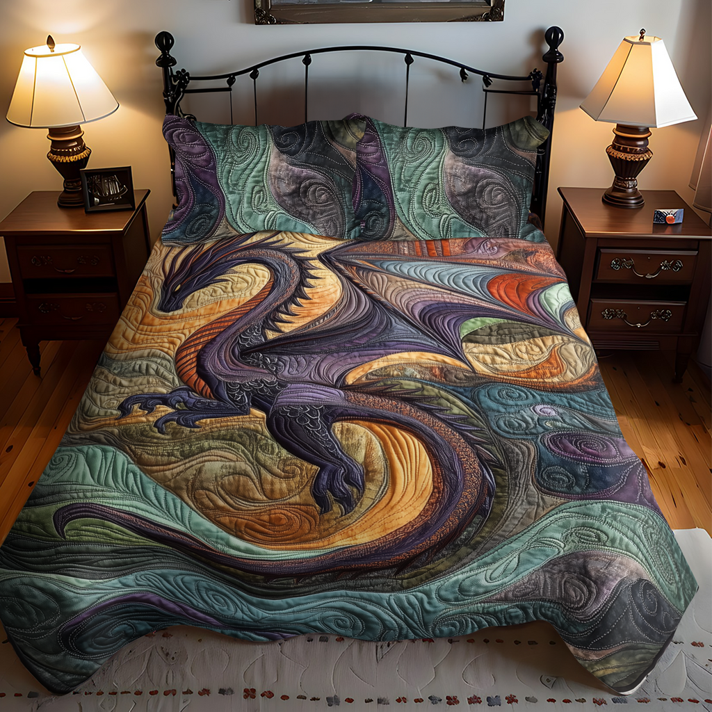 Ocean Serpent quilted bedspread set – golden sea serpent in swirling waves