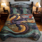 Ocean Serpent quilted bedspread set – golden sea serpent in swirling waves