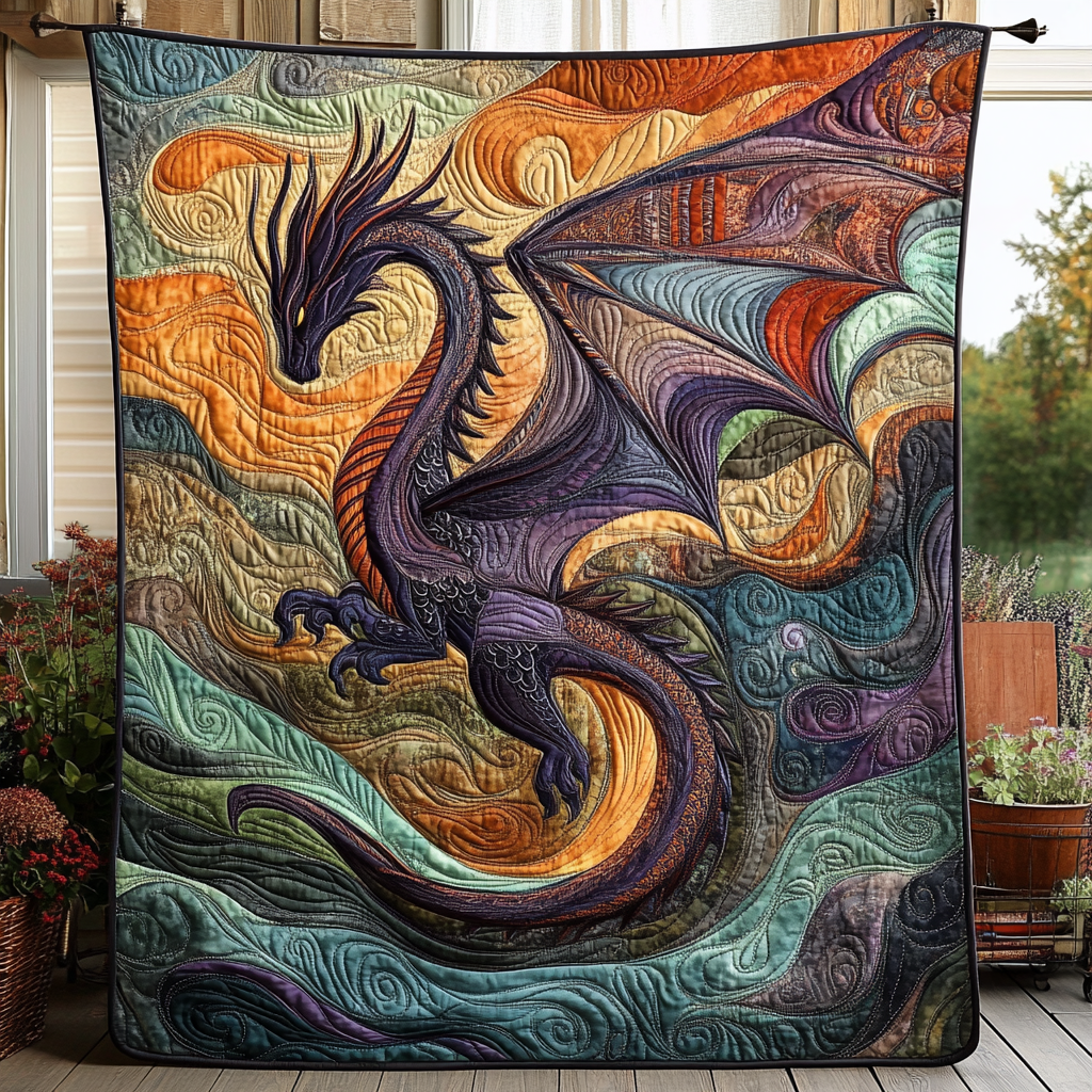 Purple Sea Dragon quilted throw – purple dragon in swirling teal waves