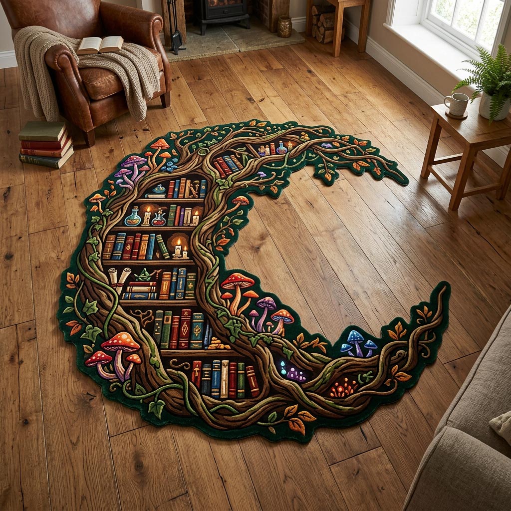 Lunar Wisdom shaped rug – crescent of books