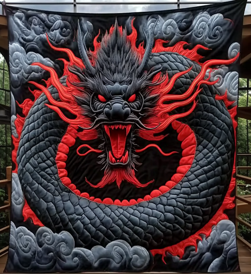 Eastern Dragon quilted throw – black Eastern dragon with red flames