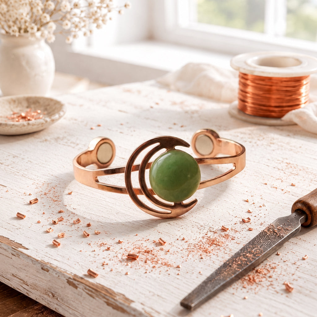 Magnetic copper bangle with a green stone set in a crescent moon