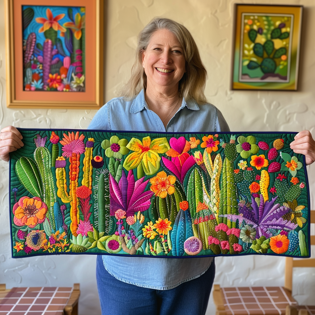 Cactus Fiesta quilted table runner – colourful cacti and flowers