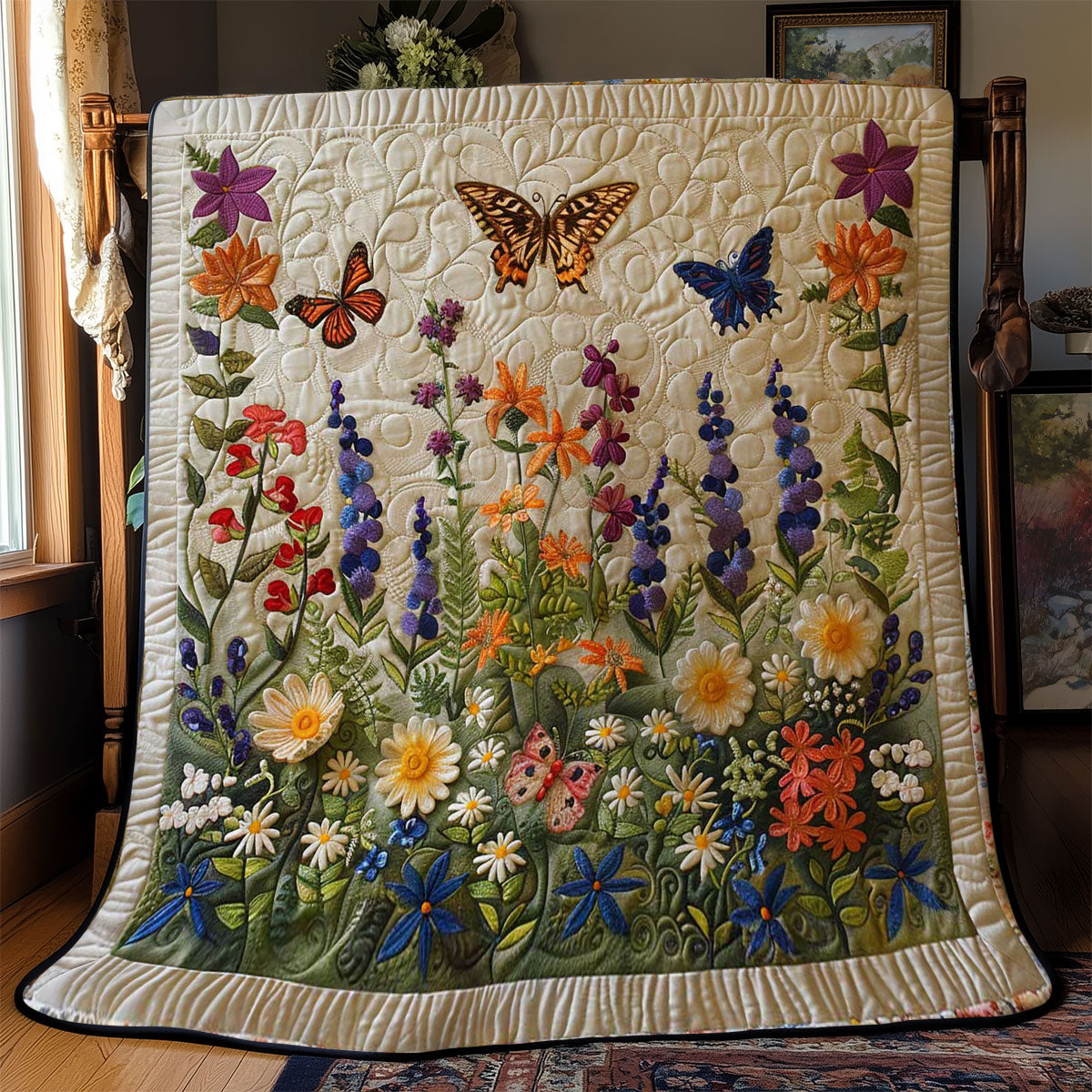 Butterfly Wildflowers quilted throw – tall wildflowers with butterflies on cream