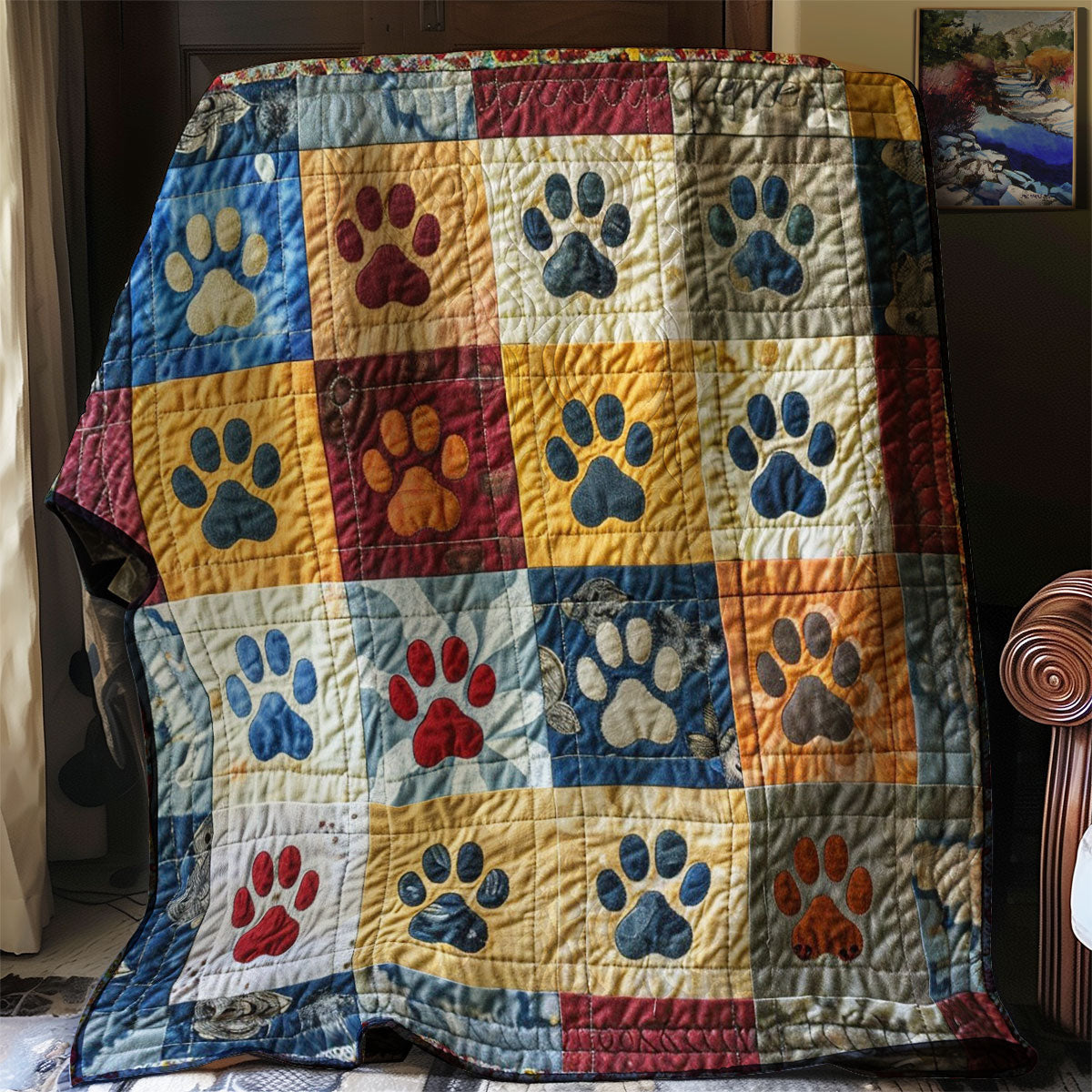 Paw Print Patchwork quilted throw – paw prints in colourful patchwork squares