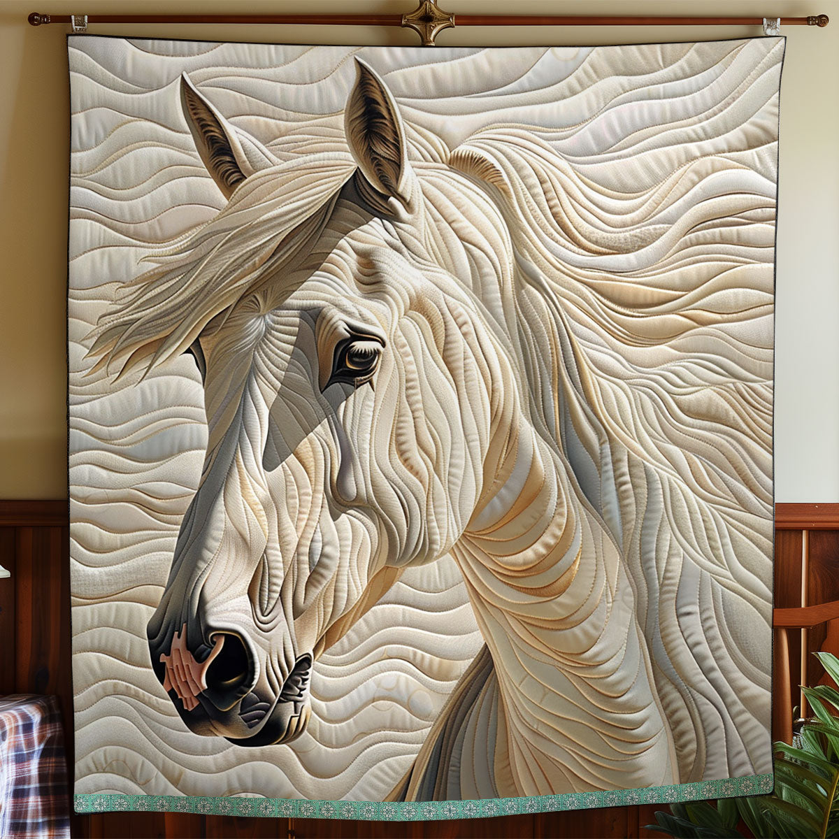 Quilted Throw - White Horse in Cream – view 2