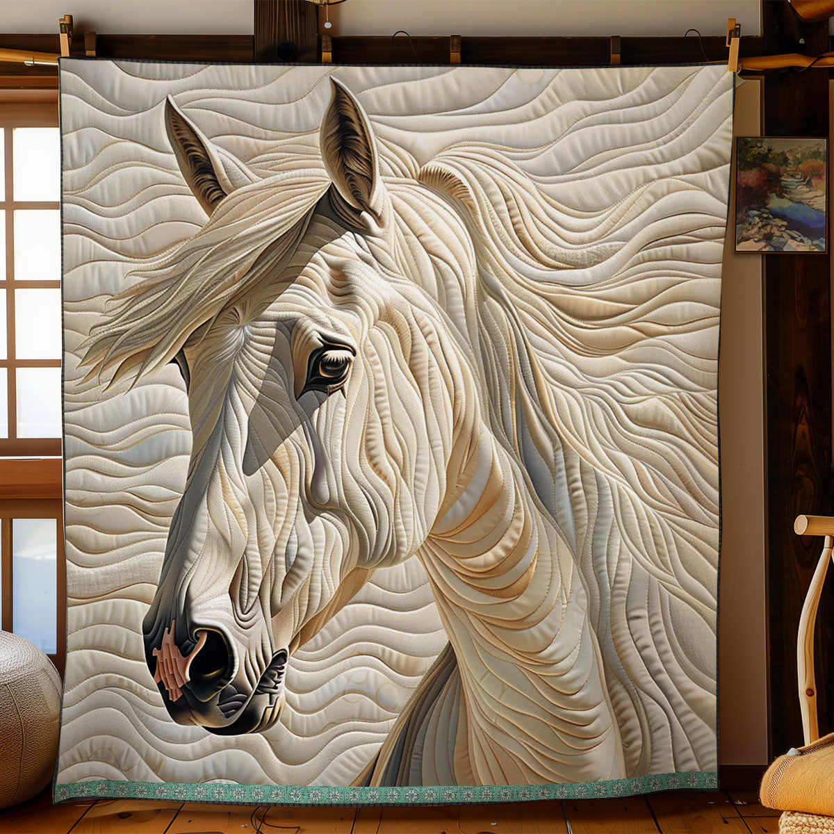 Quilted Throw - White Horse in Cream – view 4