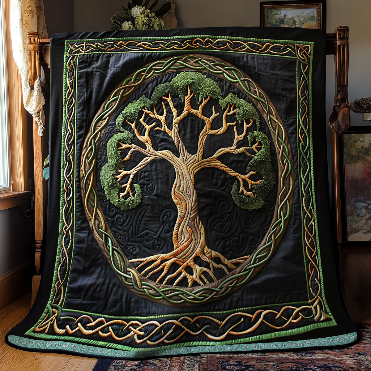 Celtic Spirit Tree quilted throw – golden tree of life in a green Celtic circle
