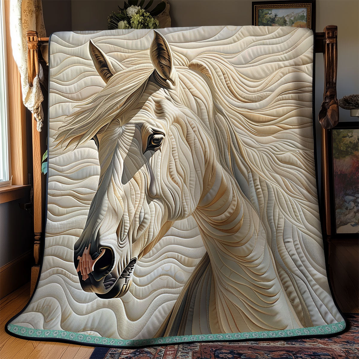 Quilted Throw - White Horse in Cream – view 5