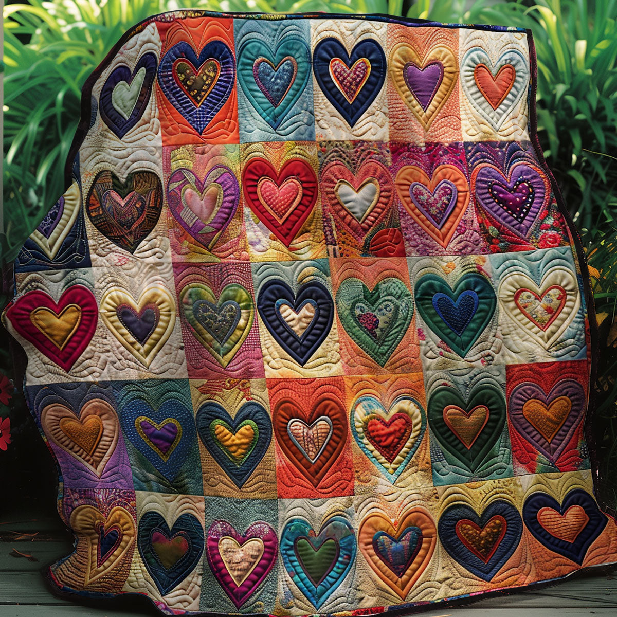 Patchwork Hearts quilted throw – colourful hearts in patchwork squares