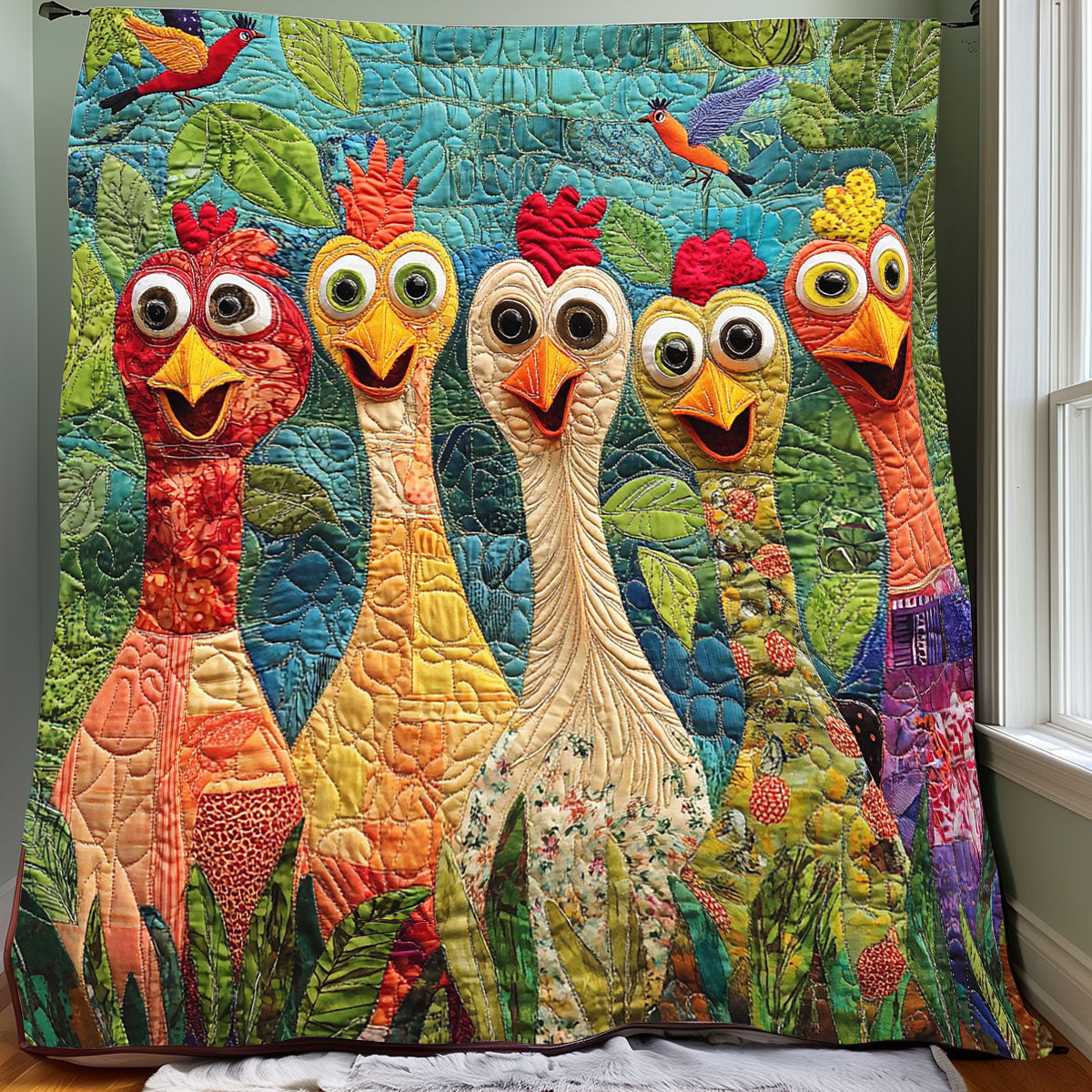 Silly Chickens quilted throw – wide-eyed long-necked chickens