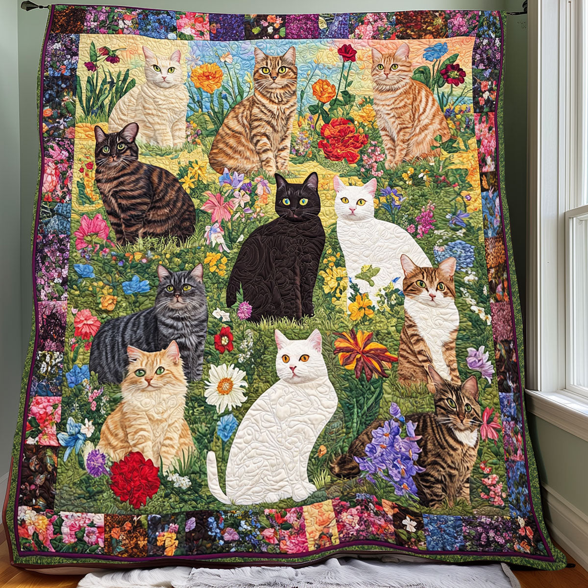Cats in the Garden quilted throw – cats lounging among garden flowers