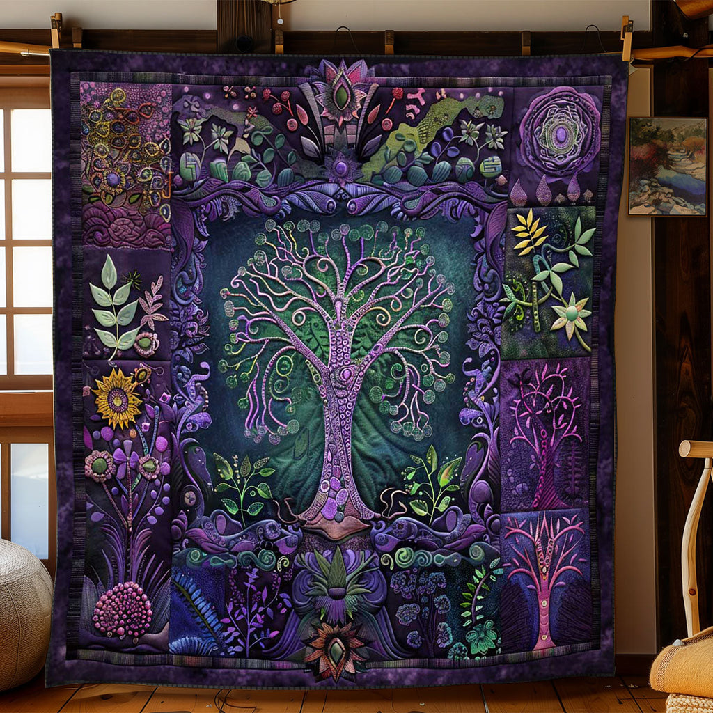Purple Tree of Life quilted throw – green tree of life in purple patchwork